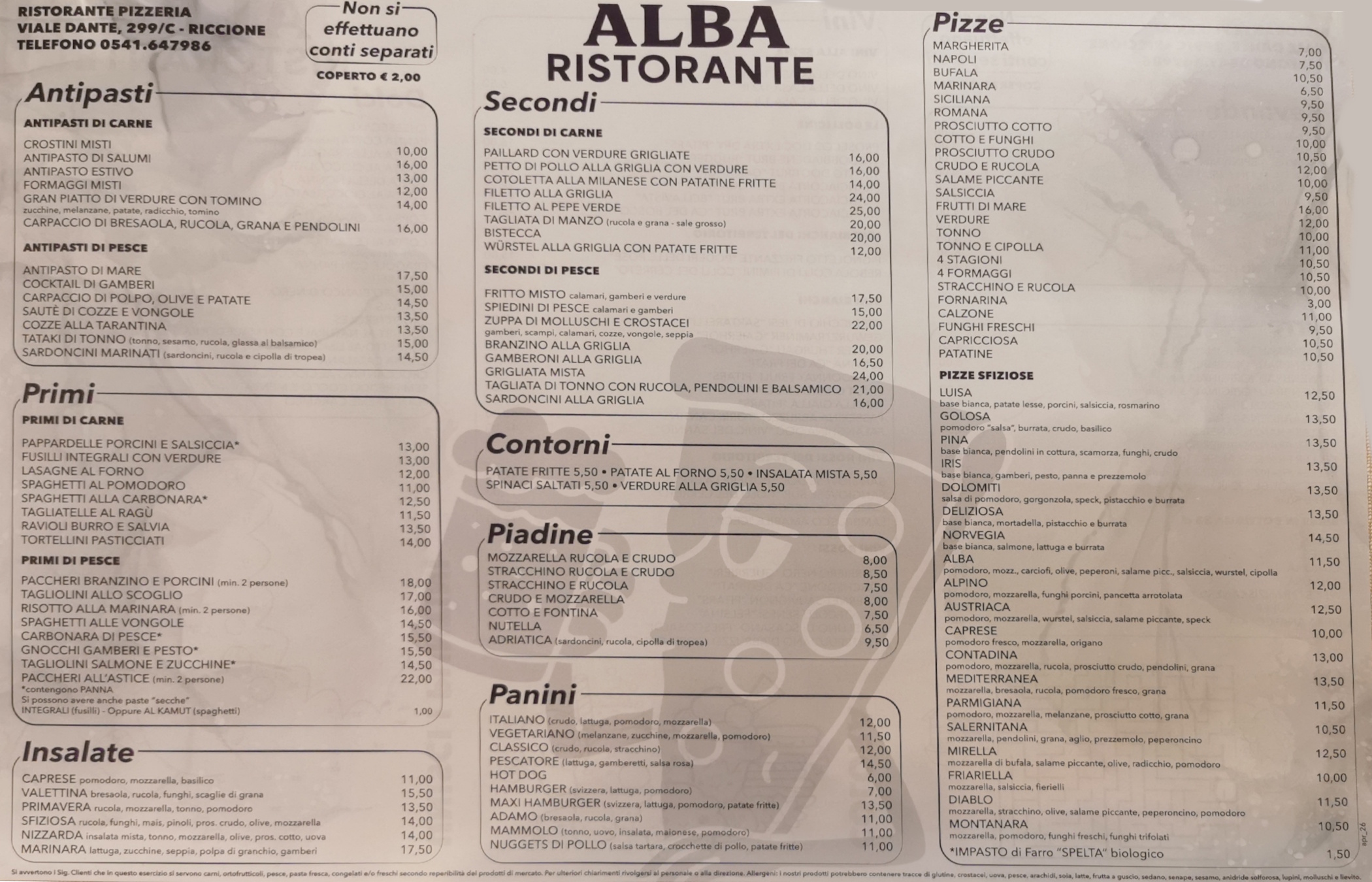 Ristorante Alba Riccione Speisekarte